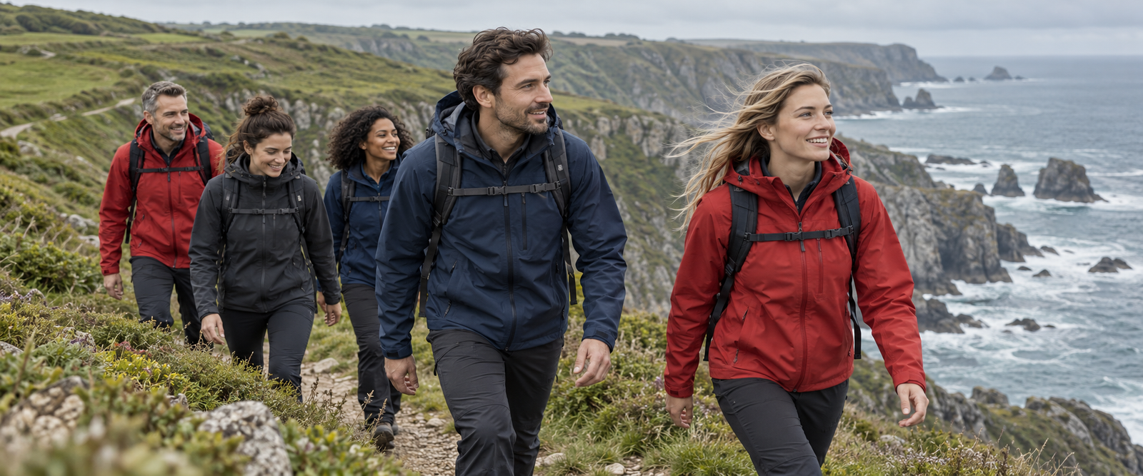 Outdoor apparel team in red and navy technical jackets walking on a coastal trail