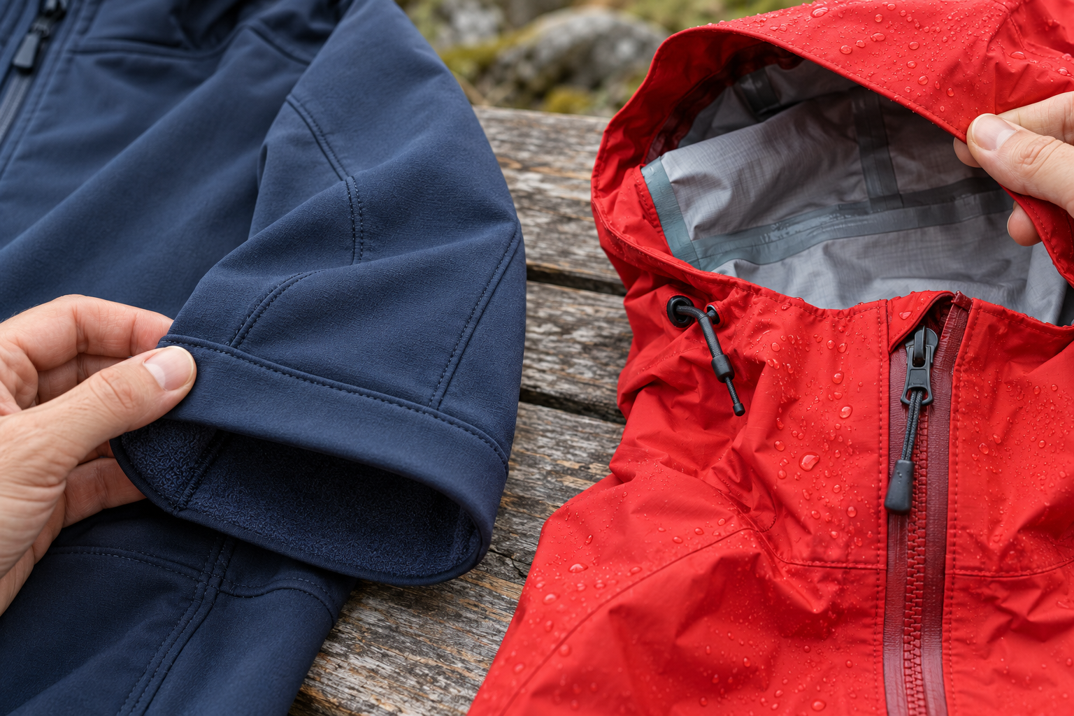 Close comparison of navy softshell fabric and red waterproof hardshell construction